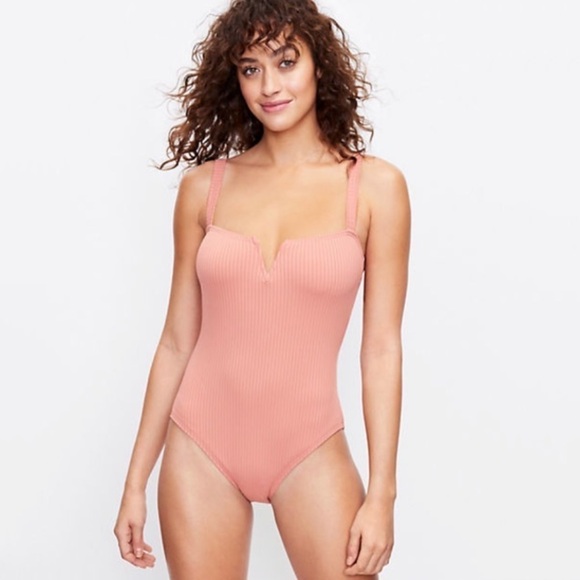 NWT Loft Beach Ribbed V-Bar One Piece Swimsuit In Pink - Picture 1 of 4